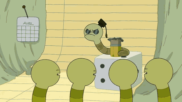 a cartoon of a worm wearing a graduation cap and a calendar that says avril