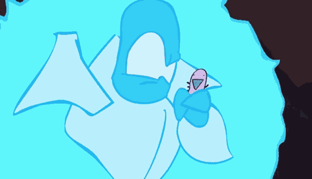 a cartoon drawing of a person with a blue cape holding a pink object