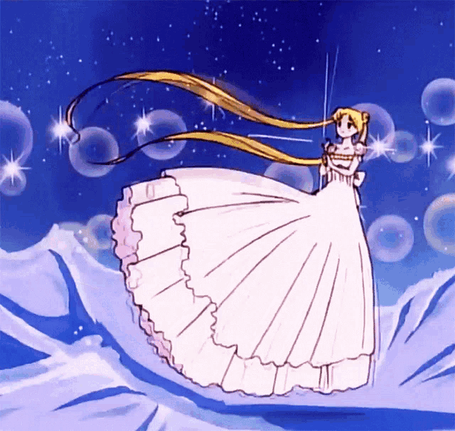 a drawing of a girl in a white dress with bubbles in the background