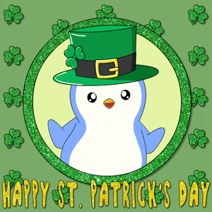 a happy st. patrick 's day greeting card with a penguin in a leprechaun hat