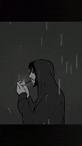 a black and white drawing of a person with a hood