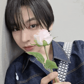a young woman in a denim shirt is holding a pink rose in front of her face