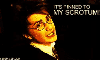 a harry potter poster that says it 's pinned to my scrotum !
