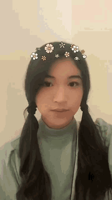 a girl with pigtails and flowers in her hair looks at the camera