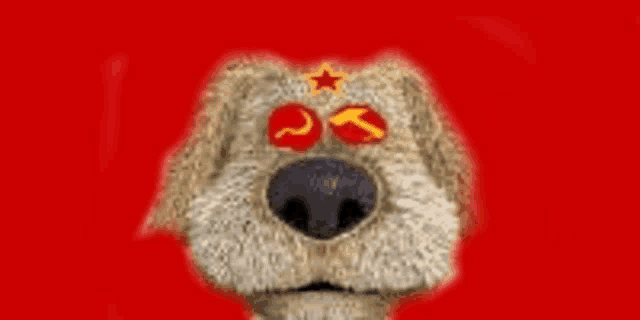 a cartoon dog with red eyes and a yellow star on its forehead .