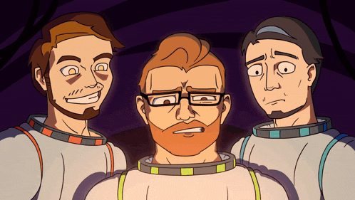 a cartoon of three men standing next to each other with one of them wearing glasses