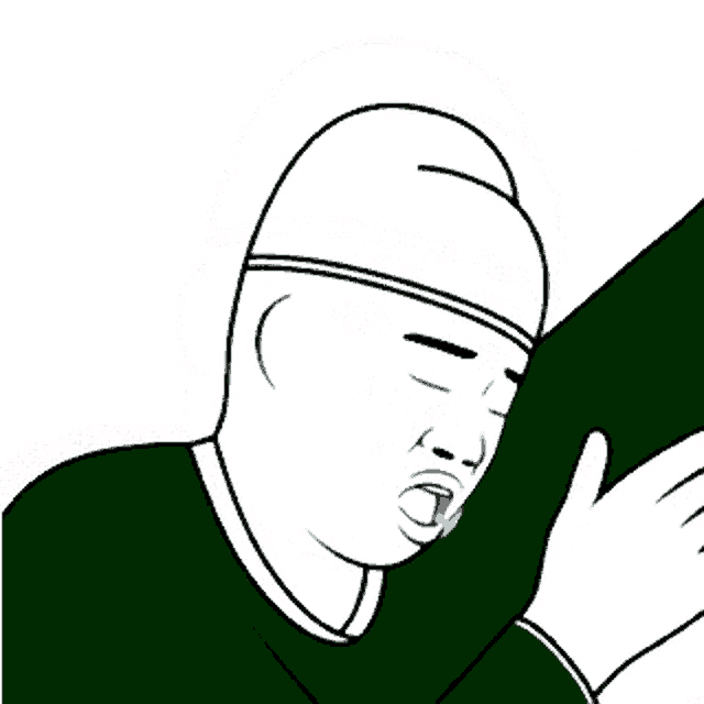 a black and white drawing of a man wearing a green robe and a white hat .