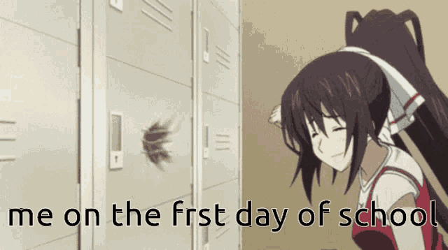a girl stands in front of lockers with the words me on the first day of school below her