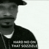 a black and white photo of a man wearing a hat with the words `` hard no on that sozzizzle '' .