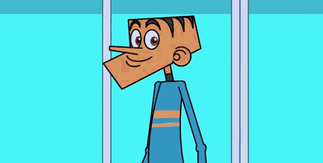 a cartoon character wearing glasses and a blue sweater