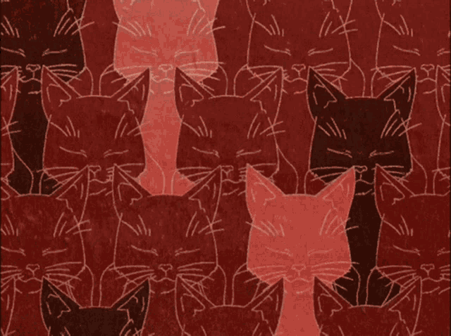a red background with a pattern of black and red cats with white eyes