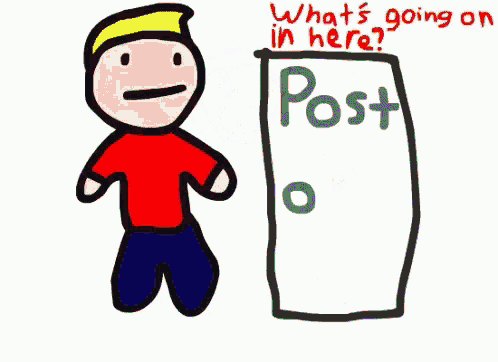 a man in a red shirt is standing in front of a door with the letter p on it