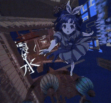 a cartoon of a girl flying through a maze of windows