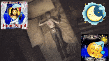 a picture of a man laying on a bed next to a picture of jesus and the words good night