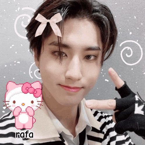 a boy with a hello kitty on his head and the name rafa on the bottom