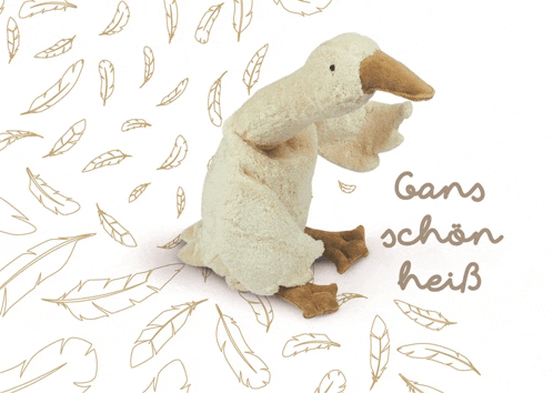 a stuffed goose is surrounded by feathers and the words gans schon heiss