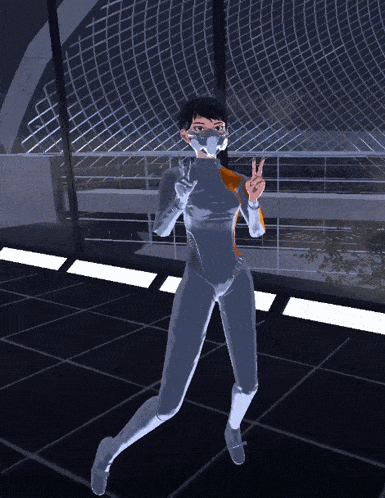 a cartoon character wearing a mask and gloves giving the peace sign