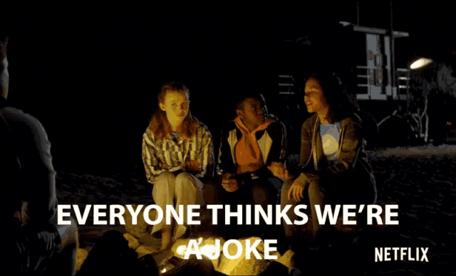 an advertisement for netflix shows a group of people sitting around a fire