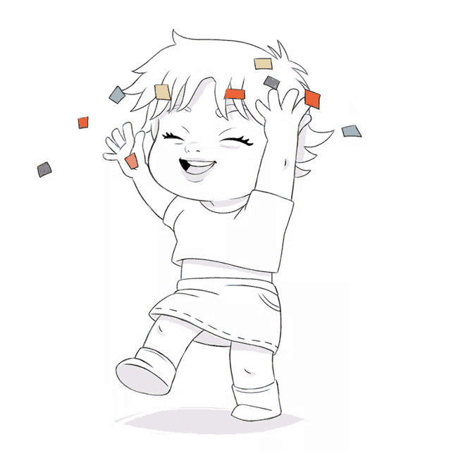 a black and white drawing of a little girl with confetti flying around her head