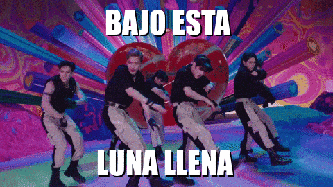 a group of men are dancing in front of a colorful background with the words bajo esta luna llena above them