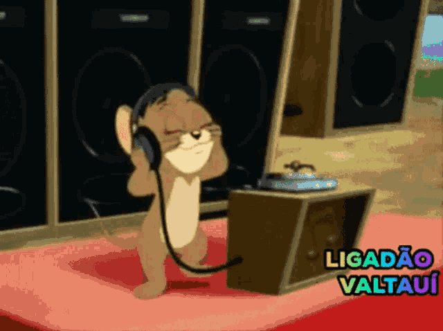 a cartoon character is wearing headphones and dancing in front of speakers .