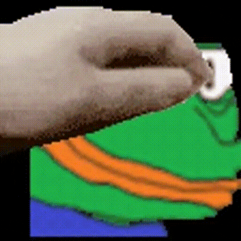 a pixel art of a hand holding a can of soda over a green and orange frog .
