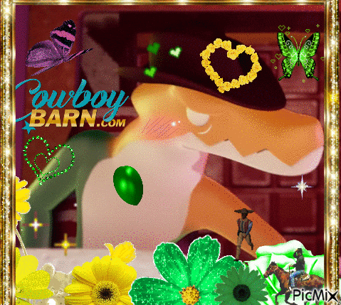 a picture of a dinosaur with a cowboy barn.com logo in the background