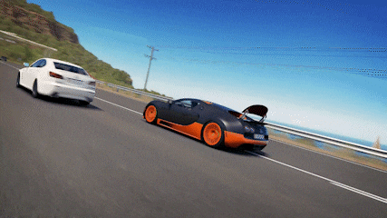 a bugatti veyron is driving down a road with a white car