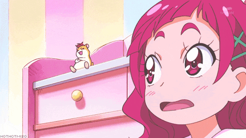 a girl with pink hair is looking at a stuffed animal on a dresser