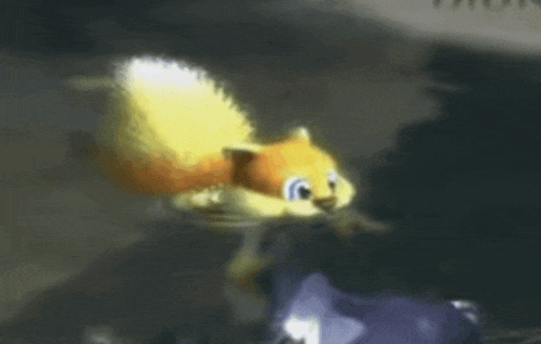 a cartoon squirrel is swimming in the water and looking at something .