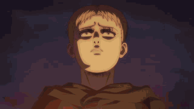 a close up of a man 's face in front of a purple sky .
