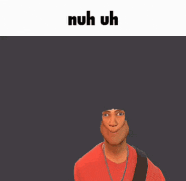a man in a red shirt is pointing up with the words " nuh uh " above him