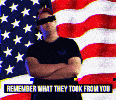 a man stands in front of an american flag with the words remember what they took from you