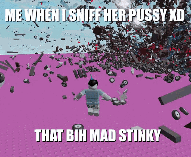 a cartoon of a person standing in front of a pile of objects with the words me when i sniff her pussy