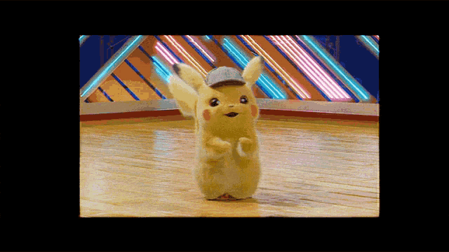 a pikachu wearing a hat is dancing on a dance floor