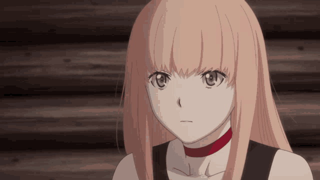 a girl with long blonde hair and blue eyes wearing a red choker