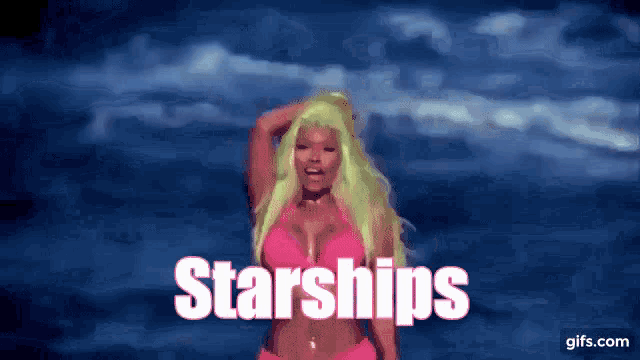 a woman in a pink bikini stands in front of a blue sky and the words starships