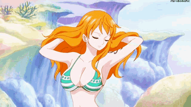 a woman in a bikini is standing in front of a waterfall with the words " its-idiomatic " below her