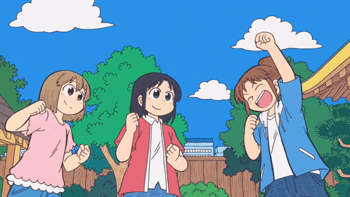a cartoon drawing of a man and two girls with trees in the background