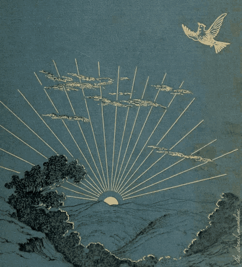 a drawing of a sunset with a bird flying over it