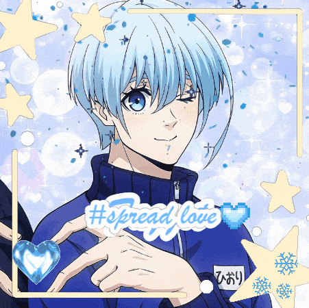 a picture of a blue haired anime character with the words #spread love