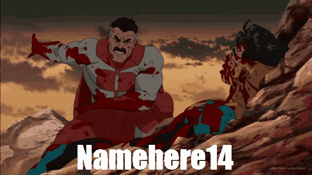 a cartoon of a superhero standing next to another superhero with the name namehere14