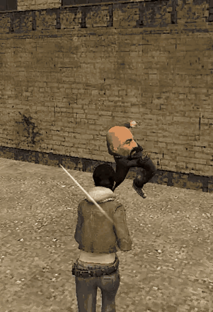 a man with a bald head is kicking a woman with a sword