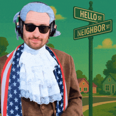 a man wearing a wig and sunglasses stands in front of a street sign that says hello st and neighbor st