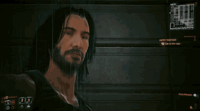 a video game screen shows a man with a beard and a message that says happy together