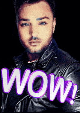 a man wearing a black leather jacket with the word wow on the bottom