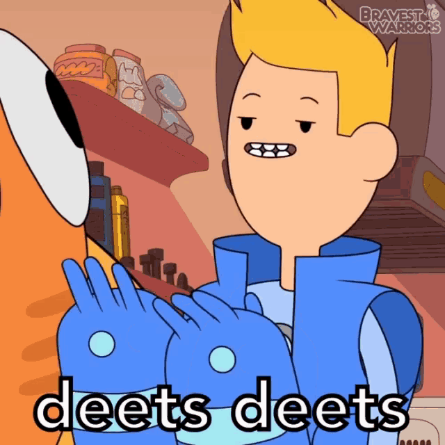 a cartoon character says " deets deets " in front of a shelf full of jars
