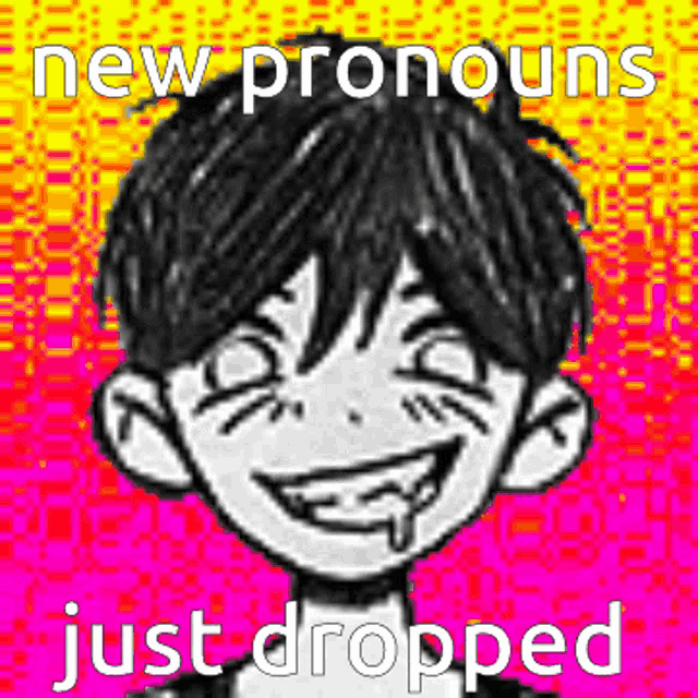 a black and white drawing of a boy with the words new pronouns just dropped below it