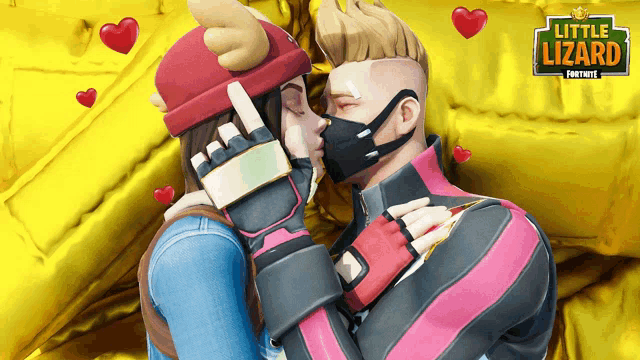 a man and a woman kissing in front of a little lizard logo