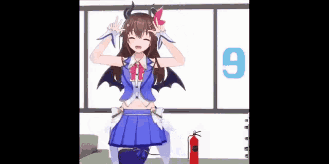 a 3d anime girl with horns and wings is standing in front of a fire extinguisher .